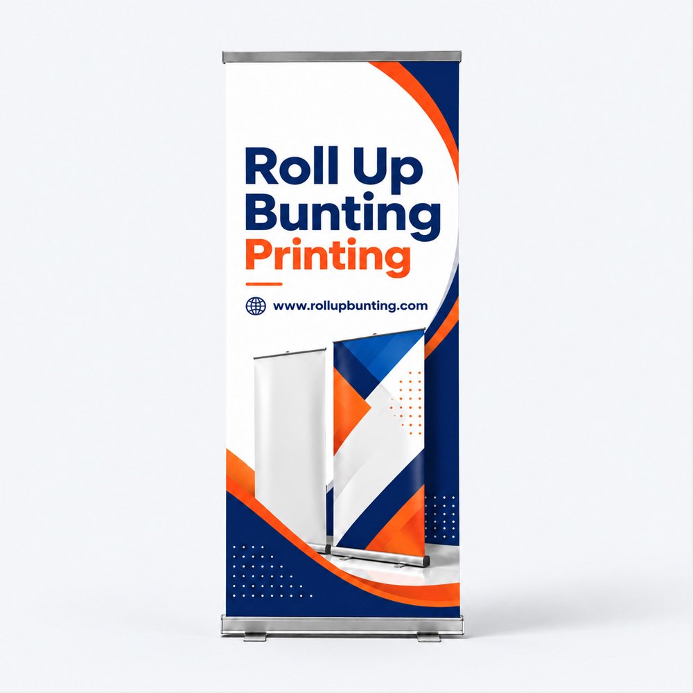 Contoh roll up bunting printing dengan aluminium stand